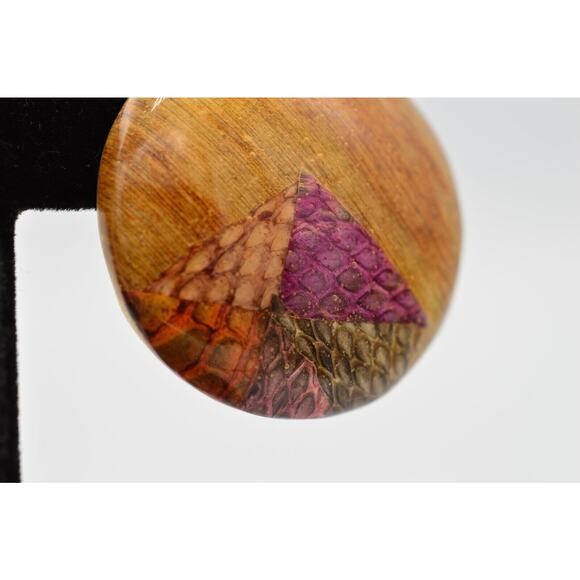 Vintage Round Earrings Handcrafted Lacquered Wood Reptile Snake Print NOS 80s 9D - Picture 9 of 9